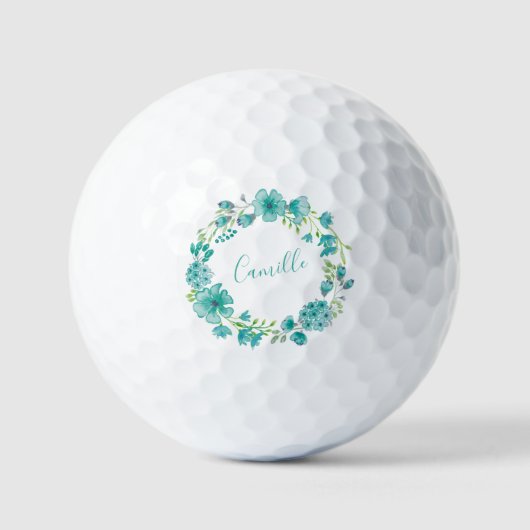 Aqua Sea Green Floral Wreath Personalisiert Golfball (Vorderseite)
