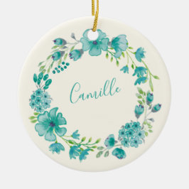 Aqua Sea Green Floral Wreath Personalisiert Keramik Ornament