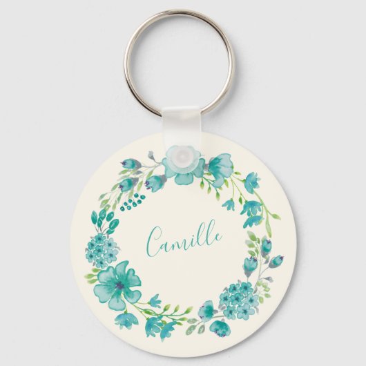 Aqua Sea Green Floral Wreath Personalisiert Schlüsselanhänger (Vorderseite)