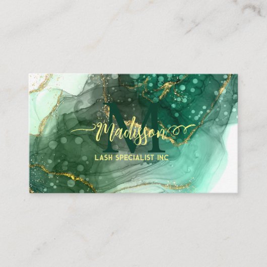 Aqua Sea Green Gold Glitzer Marble Agate Monogram Visitenkarte (Vorderseite)