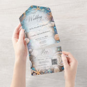 Aqua Seashell Rustic Beach QR Code All In One Einladung (Abreißen)