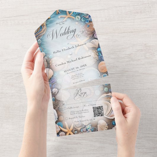 Aqua Seashell Rustic Beach QR Code All In One Einladung (Abreißen)
