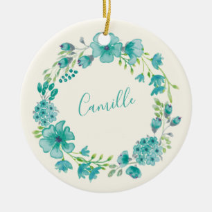 Aqua-Seegrün-Blumenkranz Personalisiert   Keramik Ornament