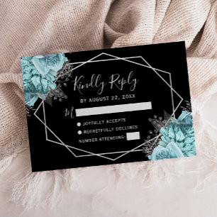 Aqua Silber Blumen Geometrisch Schwarz RSVP Karte