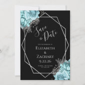 Aqua Silber Blumen Geometrisch Schwarz Save the Da Date (Vorderseite)