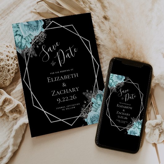 Aqua Silber Blumen Geometrisch Schwarz Save the Da Date