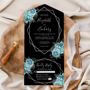 Aqua Silber Blumen Geometrisch Schwarze Hochzeit All In One Einladung
