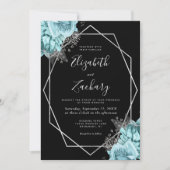Aqua Silber Blumen Hochzeit mit QR-Code Schwarz Einladung (Vorderseite)