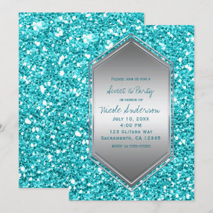 Aqua Silber Glitter Glamour Geburtstagsfeier Jedes Einladung