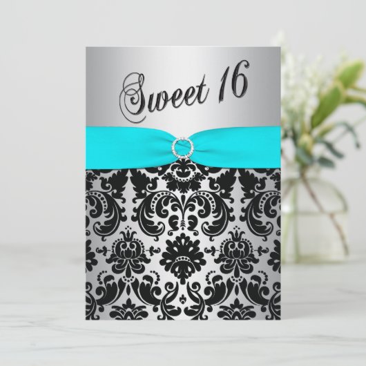 Aqua, Silber und Black Damask Sweet 16 Einladung (Stehend Vorderseite)