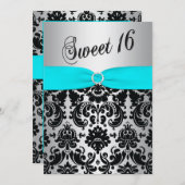 Aqua, Silber und Black Damask Sweet 16 Einladung (Vorne/Hinten)