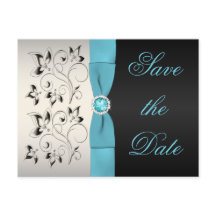 Aqua, Silber und Schwarze Flora Save the Date