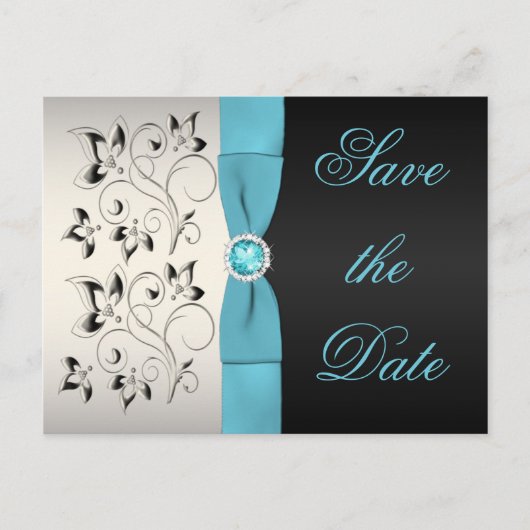Aqua, Silber und Schwarze Flora Save the Date Ankündigungspostkarte (Vorderseite)