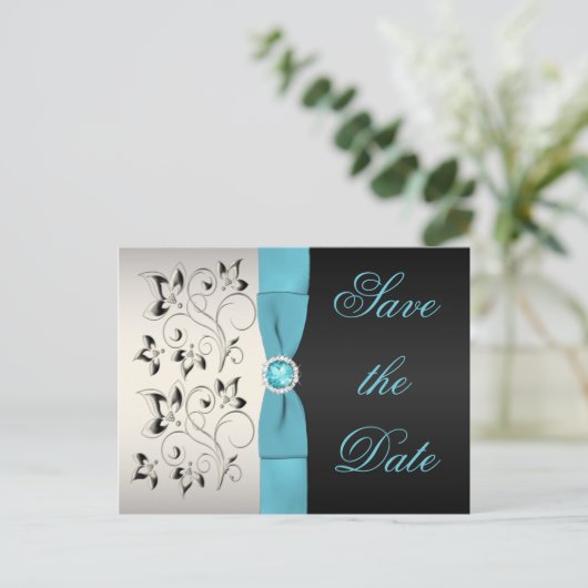 Aqua, Silber und Schwarze Flora Save the Date Ankündigungspostkarte (Stehend Vorderseite)