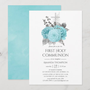 Aqua & Silber Vintage Shabby Rosen Erstkommunion Einladung
