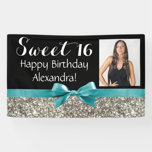 Aqua-silberner Glitzer-Foto-Bonbon 16 Banner (Horizontal)