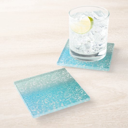 Aqua Silver Beach Blue Summer Glitzer Gradient Glasuntersetzer (Schrägansicht)