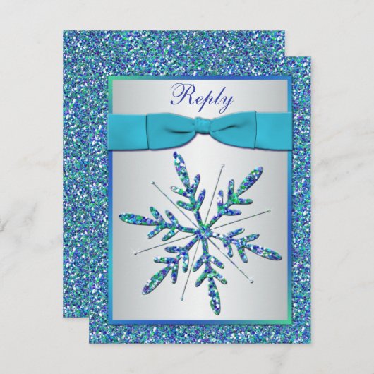 Aqua, Silver, Blue Snowflake RSVP Card (Vorne/Hinten)