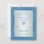 Aqua, Silver, Blue Snowflake RSVP Card Karte (Rückseite)