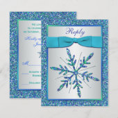 Aqua, Silver, Blue Snowflake RSVP Card Karte (Vorne/Hinten)