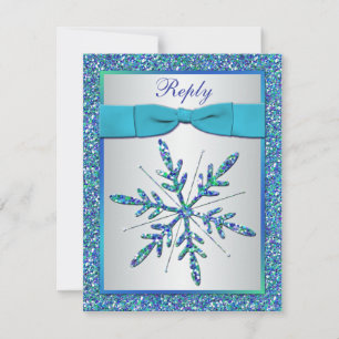 Aqua, Silver, Blue Snowflake RSVP Card Karte