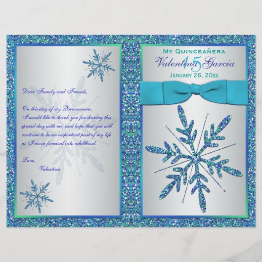Aqua Silver Blue Snowflakes Quinceñera Programm (Vorderseite)