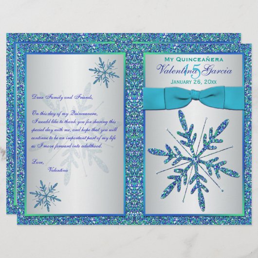 Aqua Silver Blue Snowflakes Quinceñera Programm (Vorne/Hinten)
