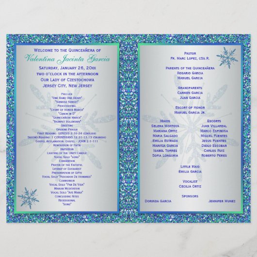 Aqua Silver Blue Snowflakes Quinceñera Programm (Rückseite)