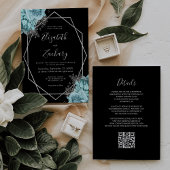 Aqua Silver Floral Black QR Code Wedding Einladung