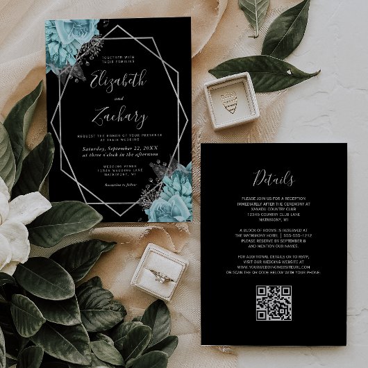Aqua Silver Floral Black QR Code Wedding Einladung