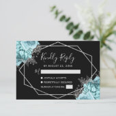 Aqua Silver Floral Geometric Black RSVP Karte (Stehend Vorderseite)