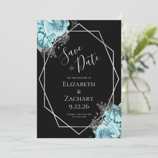 Aqua Silver Floral Geometric Black Save the Date (Stehend Vorderseite)
