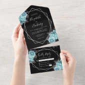 Aqua Silver Floral Geometric Black Wedding All In One Einladung (Abreißen)