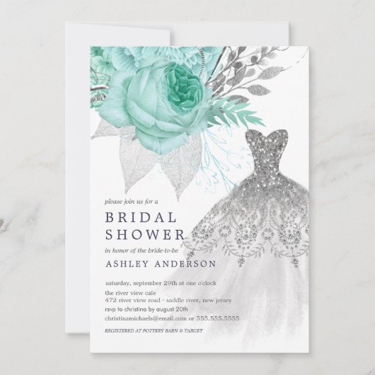 Aqua & Silver Floral Wedding Dress Brautparty Einladung (Vorderseite)