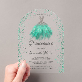 Aqua Silver Glitzer Dress Quinceañera Party Acryleinladungen