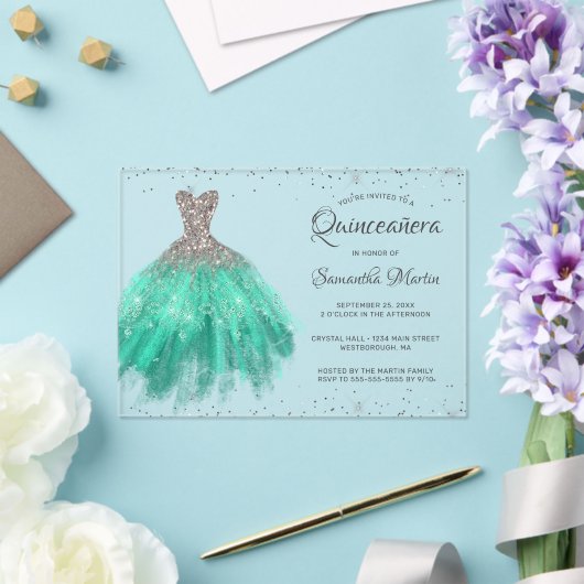 Aqua Silver Glitzer Dress Script Quinceañera Party Acryleinladungen (In Situ (Hochzeit))