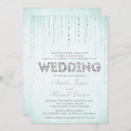 Aqua & Silver Glitzer Einladung Hochzeit aussehen (Vorne/Hinten)