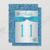 Aqua Silver Green Snowflakes Tischnummer Card (Vorne/Hinten)