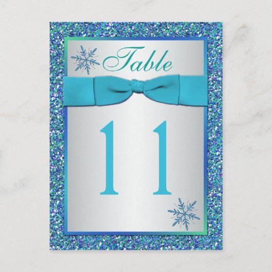 Aqua Silver Green Snowflakes Tischnummer Card (Vorderseite)