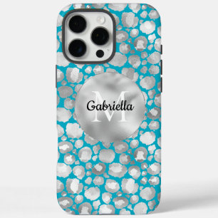 Aqua Silver Leopard Animal Print Monogram iPhone 16 Pro Max Hülle