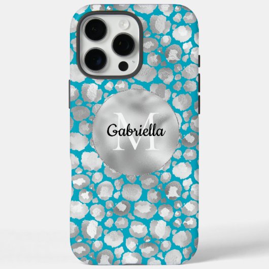 Aqua Silver Leopard Animal Print Monogram Case-Mate iPhone Hülle (Rückseite)