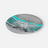 Aqua & Silver Starfish Beach Party Empfang Pappteller (Schrägansicht)