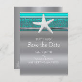 Aqua & Silver Starfish Beach Save the Date Ankündigungspostkarte (Vorne/Hinten)