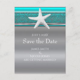 Aqua & Silver Starfish Beach Save the Date Ankündigungspostkarte