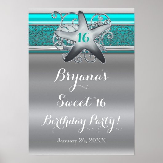 Aqua & Silver Starfish Beach Sweet 16 Banner Poster (Vorne)