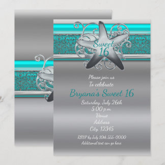 Aqua & Silver Starfish Beach Sweet 16 Einladungen