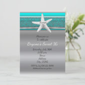 Aqua & Silver Starfish Beach Sweet 16 Einladungen (Stehend Vorderseite)