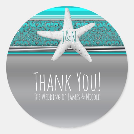 Aqua & Silver Starfish Eleganter Strand Hochzeit G Runder Aufkleber (Vorderseite)