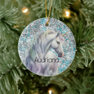 Aqua Silver Unicorn Glitzer Sparkle Keramik Ornament