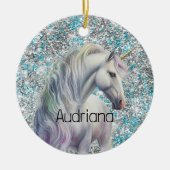 Aqua Silver Unicorn Glitzer Sparkle Keramik Ornament (Vorne)